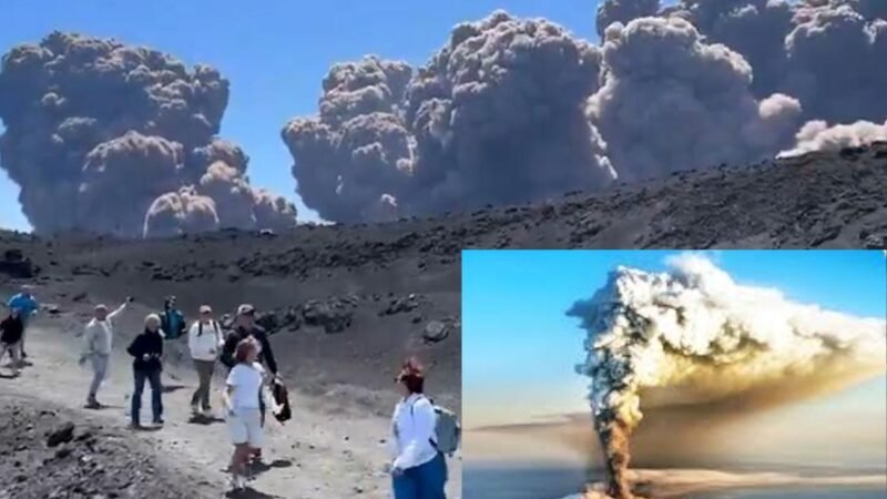 Volcán Etna hace erupción en la costa de Sicilia Italia