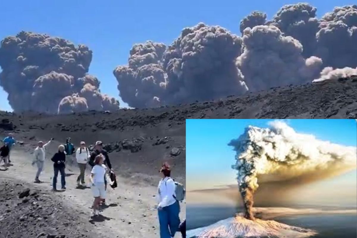 Volcán Etna hace erupción en la costa de Sicilia Italia